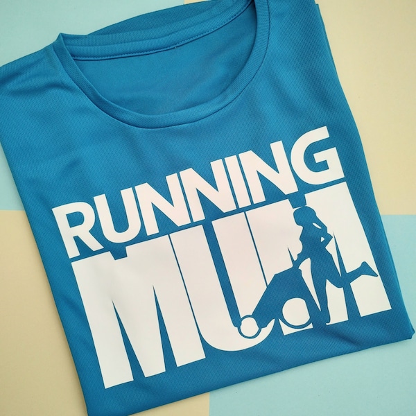 womens Buggy Running Mum T Shirt, Gift Idea for New Mum, Mum on the Run, Ladies Fit Sports Material Top For Her, Stroller Runner Shirt