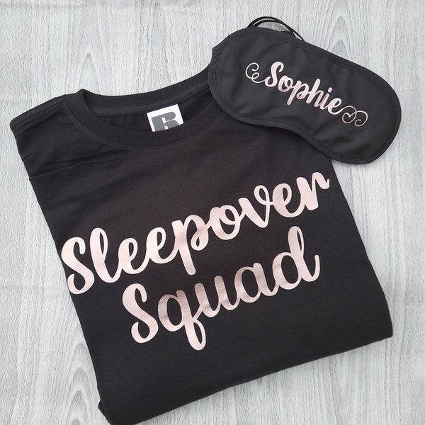 Black and Rose Gold Sleepover Shirt, Pre-Teen Sleepover Kit Ideas, Personalised Matching Shirt and Eye Mask, Sleepover Shirt, Slumber Squad