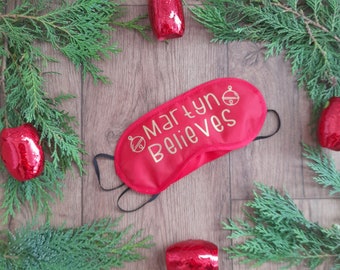 Personalisierte Weihnachtsschlafmaske, Heiligabend Box Filler Idee, Believer, Rot und Gold Augenmaske,