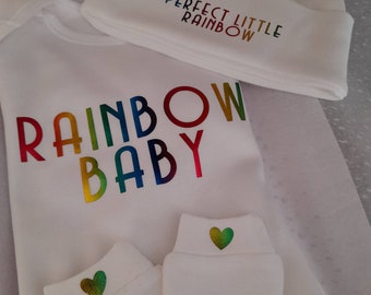 Rainbow Baby Gift Set, Vest Hat and Mittens Set, Newborn Gift Set, Perfect Little Rainbow, New Baby Gift, Newborn Present, Birth After Loss