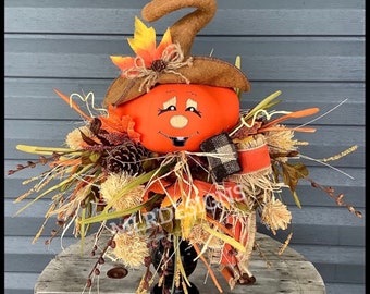 Fall Pumpkin Scarecrow Table Centerpiece, Fall Entryway Arrangement, Dining Table Candlestick Decoration, Fireplace Mantle Fall Decoration