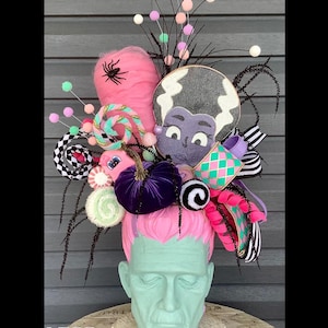 Halloween Candy Frankenstein Head Arrangement | Whimsical Pastel Goth Decor | Bride of Frankenstein Centerpiece | Unique Halloween Display