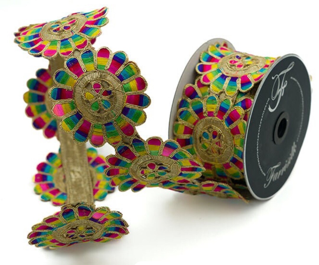 3 Inch Wired Farrisilk Disco Daisy Ribbon, Multicolored Disco Daisys ...
