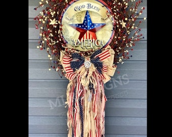 Patriotic Wreath, July 4 Wreath, Summertime Wreath, Patriotic Door Wreath, Vintage Look Wreath, Americana Decor, Independence Day Decor