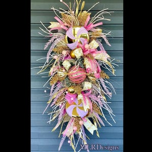 Pink Christmas Pastel Candyland Elegant Door Swag, Christmas Wreath, Christmas Door Decor, Candyland Decor, Unique Luxury Holiday Decor
