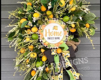 Summer Lemon Lime Home Sweet Home Welcome Wreath, Summer Decorations, Lemon Wreath, Front Door Wreath, Front entrance Wreath