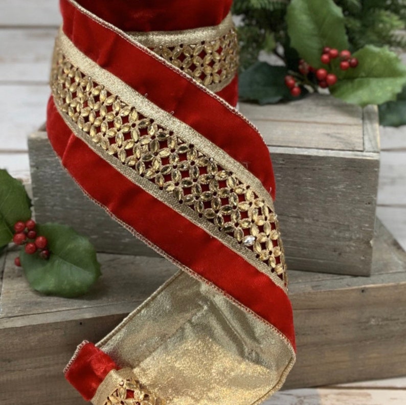 4 inch Wired Ribbon Red Velvet Ribbon Red and Gold Ribbon Etsy