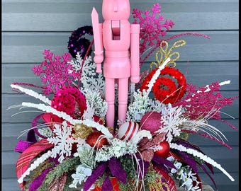 Pink Nutcracker Christmas Arrangement, Holiday Table Decor