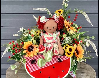 SUMMER Watermelon Ragdoll Table Decor, Summer Picnic Sunflower Entryway Arrangement, Floral Table Arrangement, Entryway Table Decor, Summer