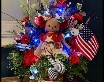 Patriotic Lighted Table Arrangement, Star Light July 4 Decoration, Memorial Day decor, Veterans Day, RED  White Blue Decor, Independence Day