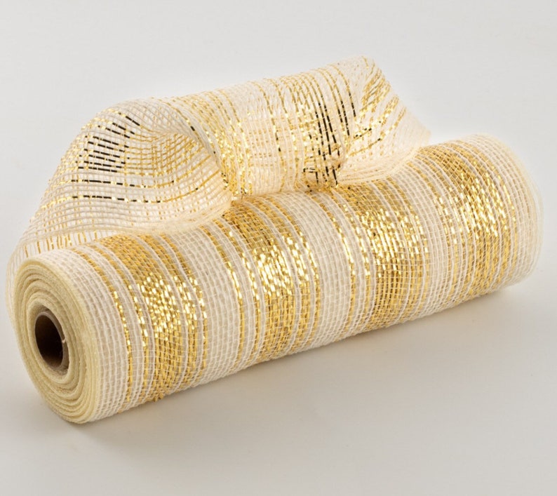 10 inch Mesh Ribbon Ivory Mesh Gold Stripe Mesh Christmas Etsy