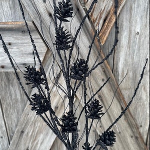 May include: Black glittered artificial pinecone branches. The branches have a textured, sparkly finish and are arranged against a rustic wooden background. The pinecones are clustered along the stems, creating a decorative display.
