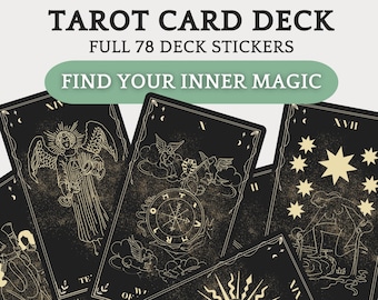 Könnte beinhalten: Ein Set mit 78 Tarotkarten-Stickern mit schwarzen Hintergründen und goldenen Umrissen. Die Sticker zeigen verschiedene Tarotkarten-Bilder, darunter der Stern, die Sonne, der Engel und das Rad des Schicksals. Der Text "TAROT CARD DECK" und "FULL 78 DECK STICKERS" befindet sich oben im Bild. Der Text "FIND YOUR INNER MAGIC" befindet sich unter dem Titel.