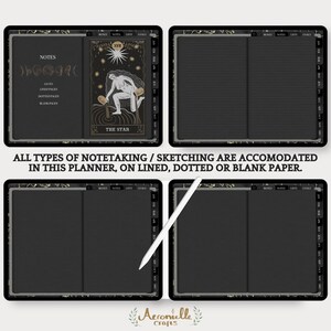 May include: A black and gold digital planner with a tarot card design. The planner has lined, dotted, and blank pages. The text "ALL TYPES OF NOTETAKING / SKETCHING ARE ACCOMODATED IN THIS PLANNER, ON LINED, DOTTED OR BLANK PAPER." is displayed below the planner.