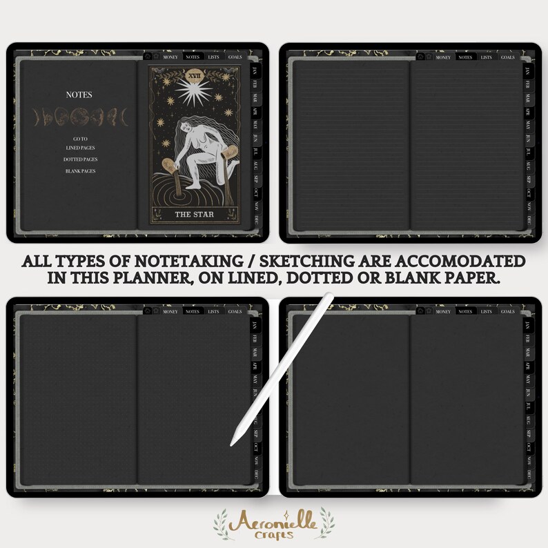 May include: A black and gold digital planner with a tarot card design. The planner has lined, dotted, and blank pages. The text "ALL TYPES OF NOTETAKING / SKETCHING ARE ACCOMODATED IN THIS PLANNER, ON LINED, DOTTED OR BLANK PAPER." is displayed below the planner.