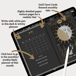 May include: A digital planner app with a black background and gold accents. The app features a monthly calendar with the month of June displayed. The calendar has a gold moon phase tracker and a gold border. The app also has a tab for a daily planner, a weekly planner, and a monthly planner. The app is open to a page with a gold tarot card featuring the sun and moon.