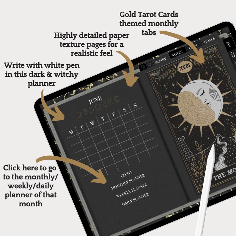 May include: A digital planner app with a black background and gold accents. The app features a monthly calendar with the month of June displayed. The calendar has a gold moon phase tracker and a gold border. The app also has a tab for a daily planner, a weekly planner, and a monthly planner. The app is open to a page with a gold tarot card featuring the sun and moon.