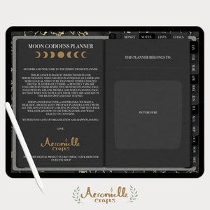 May include: A black and gold digital planner with the title "Moon Goddess Planner" and the text "This planner belongs to:"  The planner has a calendar with months of the year listed on the right side.