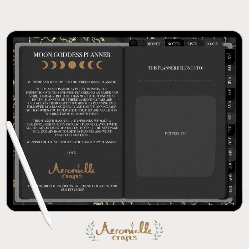 May include: A black and gold digital planner with the title "Moon Goddess Planner" and the text "This planner belongs to:"  The planner has a calendar with months of the year listed on the right side.
