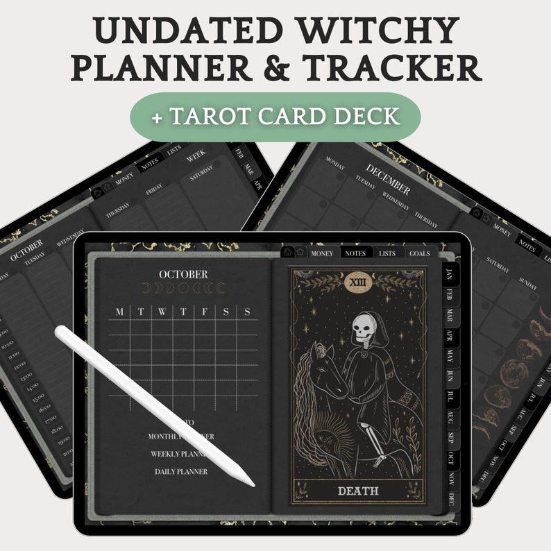 May include: A digital planner and tracker with a black and gold design. The planner includes a monthly, weekly, and daily planner, as well as sections for notes, lists, goals, and money. The planner also includes a tarot card deck with a Death card illustration.