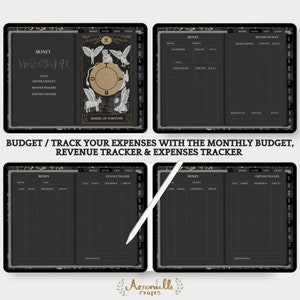 May include: A digital planner with a black background and gold accents. The planner includes sections for budgeting, tracking revenue, and tracking expenses. The planner features a tarot card design with the Wheel of Fortune card.