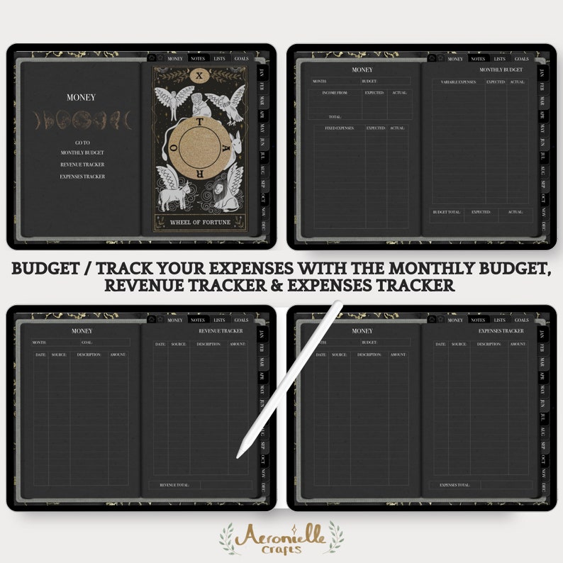 May include: A digital planner with a black background and gold accents. The planner includes sections for budgeting, tracking revenue, and tracking expenses. The planner features a tarot card design with the Wheel of Fortune card.