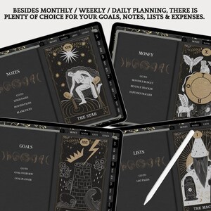 May include: A digital planner app with a black background and gold accents. The app features different sections for notes, goals, lists, and money. Each section has a different tarot card design. The app also includes a calendar and a stylus.