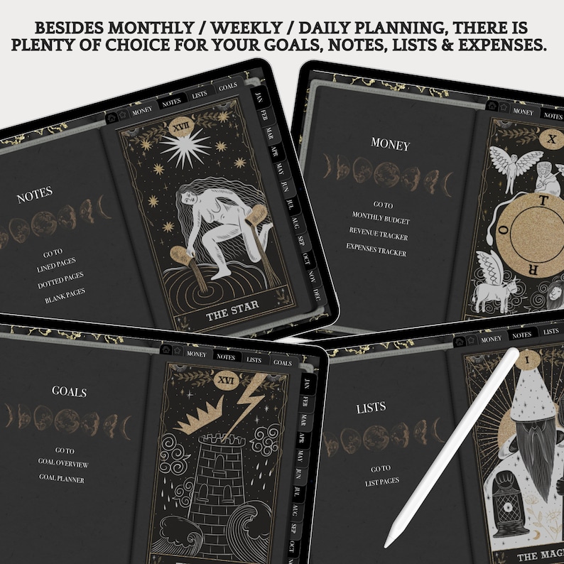 May include: A digital planner app with a black background and gold accents. The app features different sections for notes, goals, lists, and money. Each section has a different tarot card design. The app also includes a calendar and a stylus.