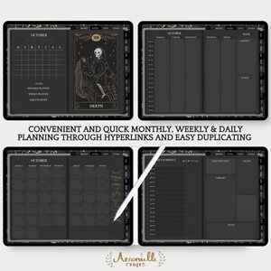 May include: Four digital planner pages with a black background and gold accents. The pages include a monthly calendar, a weekly planner, a daily planner, and a daily schedule. The pages are designed with a gothic theme and feature tarot card imagery.