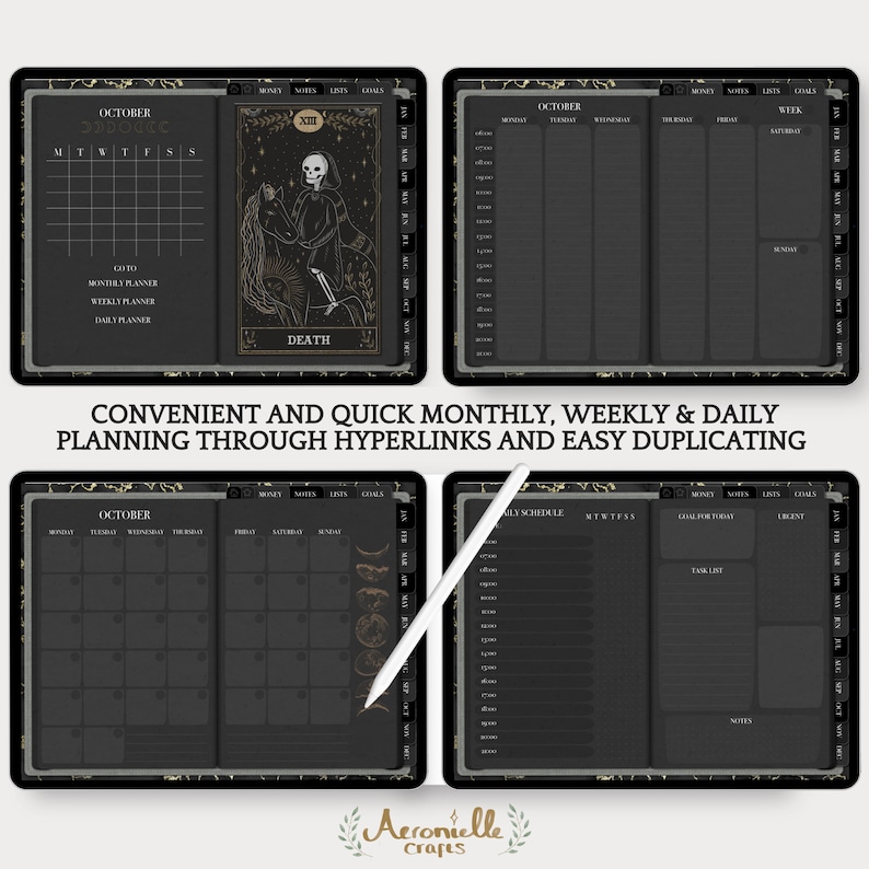 May include: Four digital planner pages with a black background and gold accents. The pages include a monthly calendar, a weekly planner, a daily planner, and a daily schedule. The pages are designed with a gothic theme and feature tarot card imagery.