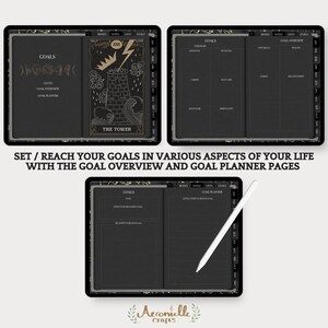 May include: A digital planner with a black background and gold accents. The planner includes pages for setting goals, tracking progress, and planning for the future. The planner features a tarot card image of The Tower, which symbolizes change and transformation. The text "Set / Reach Your Goals in Various Aspects of Your Life with the Goal Overview and Goal Planner Pages" is displayed at the bottom of the image.