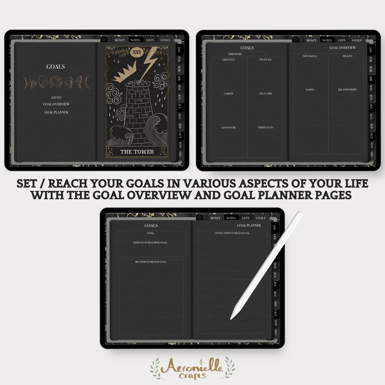 May include: A digital planner with a black background and gold accents. The planner includes pages for setting goals, tracking progress, and planning for the future. The planner features a tarot card image of The Tower, which symbolizes change and transformation. The text "Set / Reach Your Goals in Various Aspects of Your Life with the Goal Overview and Goal Planner Pages" is displayed at the bottom of the image.