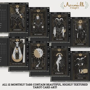 May include: Twelve black and gold tarot card illustrations with a white background. Each card features a different tarot card image and name. The cards are arranged in a grid pattern. The text "ALL 12 MONTHLY TABS CONTAIN BEAUTIFUL, HIGHLY TEXTURED TAROT CARD ART!" is at the bottom of the image.