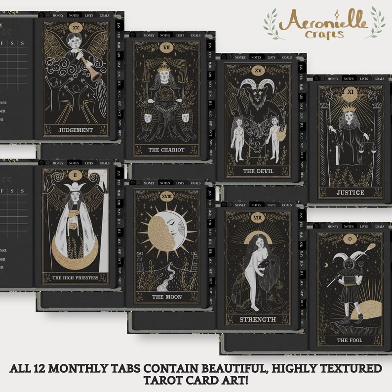 May include: Twelve black and gold tarot card illustrations with a white background. Each card features a different tarot card image and name. The cards are arranged in a grid pattern. The text "ALL 12 MONTHLY TABS CONTAIN BEAUTIFUL, HIGHLY TEXTURED TAROT CARD ART!" is at the bottom of the image.