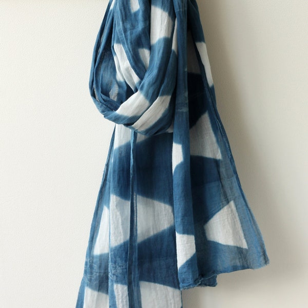 Unique hand dyed natural indigo scarf in geometric shibori pattern