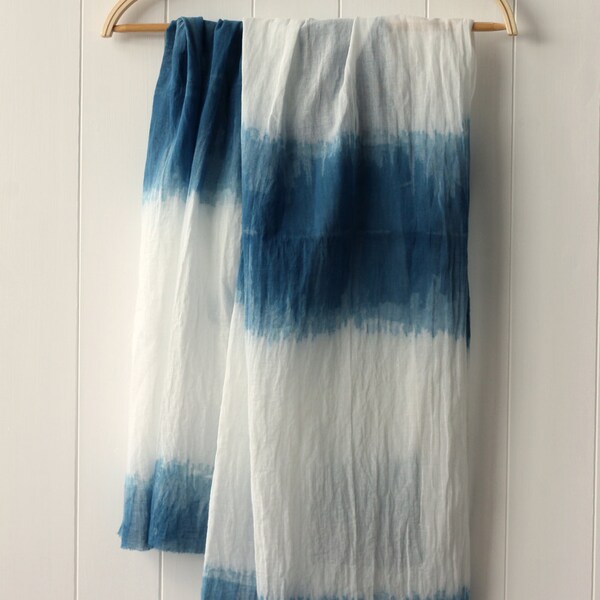 Summer lightweight organic cotton scarf - dip dyed indigo blue and white stripes