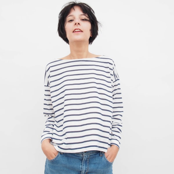 Reserved to Bianca - Striped shirt, Long Sleeve Tshirt, Oversized with Blue Breton stripes