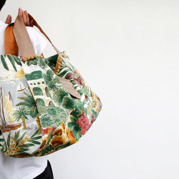 Tote Bag from Caribbean Printed Canvas with Brown Leather Handles and Leather Closure Strap, Shoulder Bag