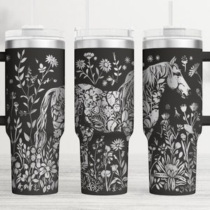 Bicchiere con fiori di cavallo, laser SVG: disegno inciso da 40 once (file digitale)