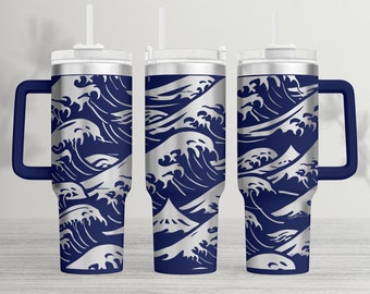40oz Tumbler Laser Design: Japanese Wave Pattern (SVG, PNG)
