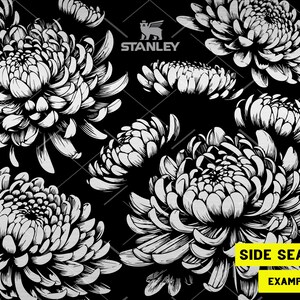 May include: Black and white seamless pattern featuring a repeating design of stylized chrysanthemum flowers. The flowers are drawn in a detailed, realistic style.