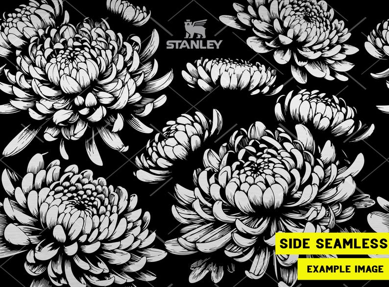 May include: Black and white seamless pattern featuring a repeating design of stylized chrysanthemum flowers. The flowers are drawn in a detailed, realistic style.