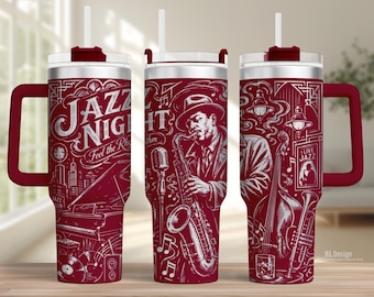 May include: A burgundy insulated travel mug with a white lid, handle, and straw. The mug has a white graphic design with the words "JAZZ NIGHT" and illustrations of a jazz musician, instruments, and city skyline.