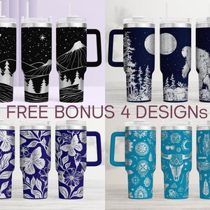 May include: A collection of insulated tumblers with various designs. The tumblers feature black and white mountain and forest scenes, a night sky, and a Bigfoot silhouette. Other designs include floral patterns and turquoise tumblers with tribal motifs. The text "FREE BONUS 4 DESIGNS" is also visible.