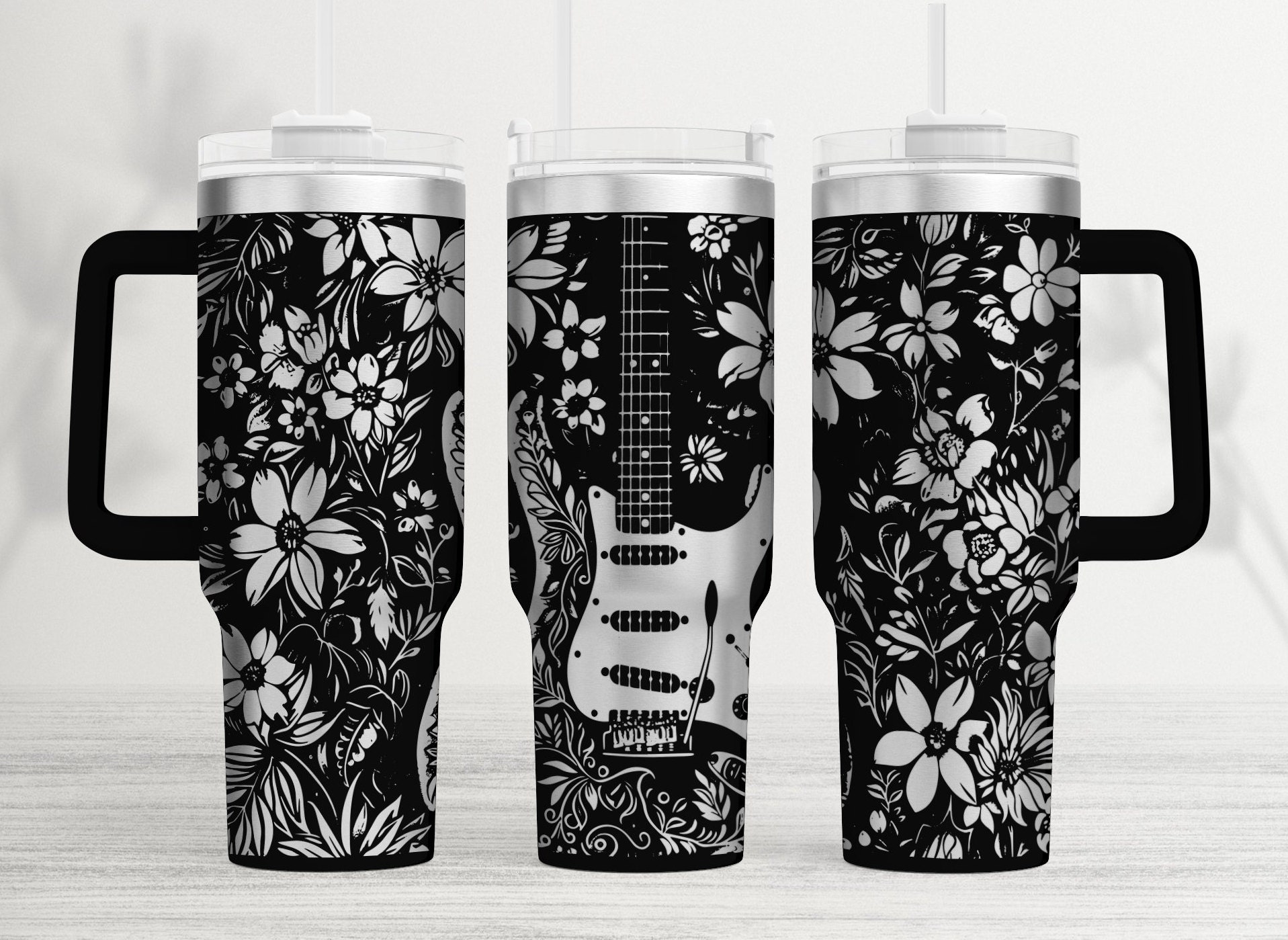 Guitar and Flowers Tumbler Wrap Laser SVG: Musician Gift, 40oz Full ...
