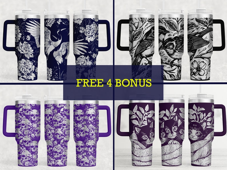 K&ouml;nnte beinhalten: Isolierte Becher mit verschiedenen Designs, darunter Blumen, V&ouml;gel, Sch&auml;del und Katzenmuster. Die Becher sind in Marineblau, Lila und Schwarzwei&szlig; gehalten. Jeder Becher hat einen Griff und einen Strohhalm. Der Text "FREE 4 BONUS" ist sichtbar.