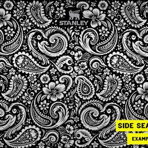 May include: Black and white seamless pattern featuring a detailed floral paisley design. The pattern includes stylized flowers, leaves, and swirling elements. The Stanley logo is visible. The text "SIDE SEAMLESS EXAMPLE IMAGE" is in a yellow box.