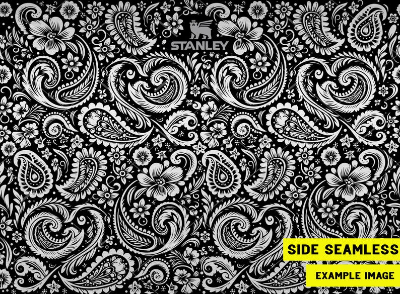 May include: Black and white seamless pattern featuring a detailed floral paisley design. The pattern includes stylized flowers, leaves, and swirling elements. The Stanley logo is visible. The text "SIDE SEAMLESS EXAMPLE IMAGE" is in a yellow box.