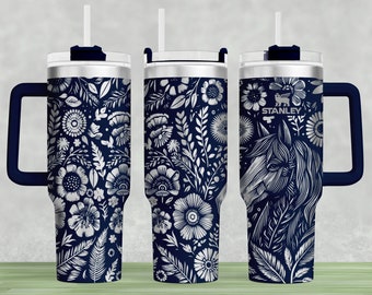 Horses & Flowers Stanley Tumbler Wrap SVG: Laser Engraved 40oz Design (Digital File)