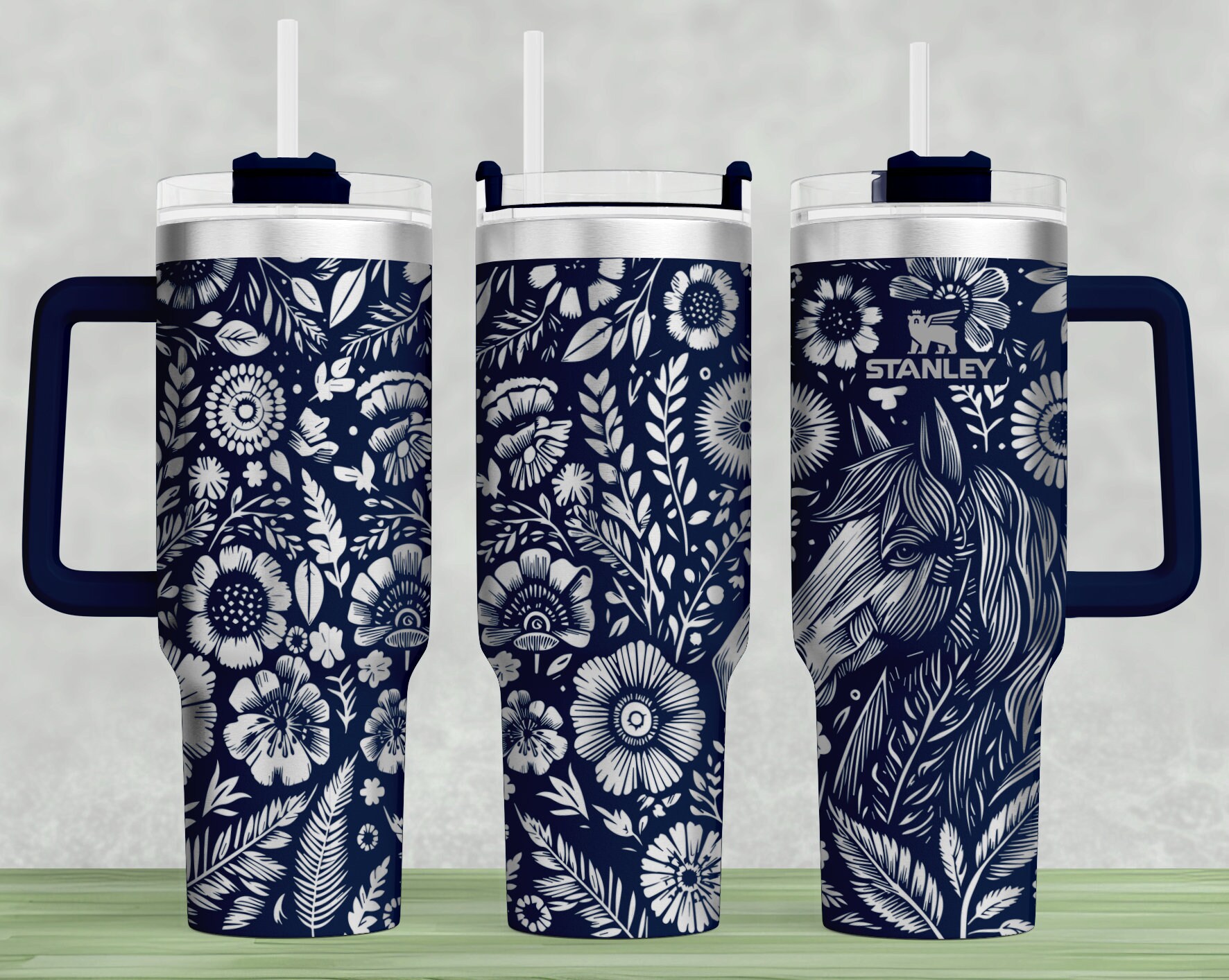 S*Y様 Trysail 直筆サイン入りシェルボトル Horses & Flowers Stanley Tumbler Wrap SVG: Laser Engraved 40oz